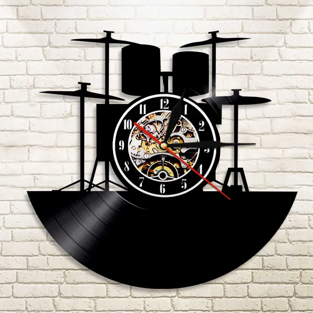 1Piece Drum Kit Vinyl Clock Wall Clock Drumkit Led Light Rock N Roll