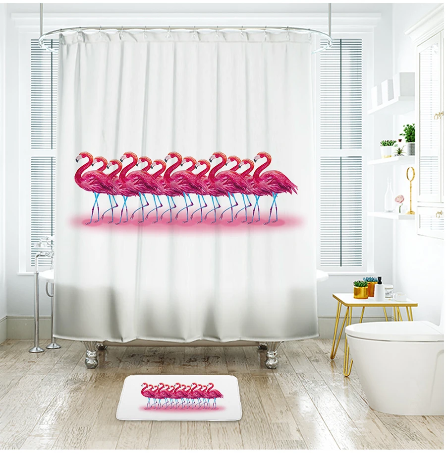 IBANO занавеска для душа с фламинго, водостойкая полиэфирная ткань, занавеска для ванной комнаты с 12 пластиковыми крючками, напольный коврик