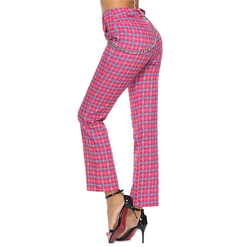 Fashion Women Pockets Zipper Trousers Hip Pop Pantalon Gingham Full Length Plaid Pant Loose High Waist Straight Pants Streetwear Pants