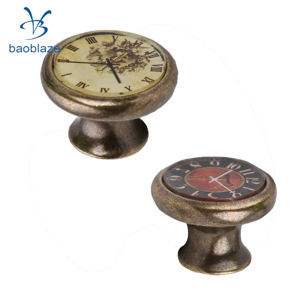 2 Pieces Vintage Brass Cabinet Drawer Round Pulls Wardrobe Cabinet Door Cupboard Knob Handle Clock Plate Pattern #1
