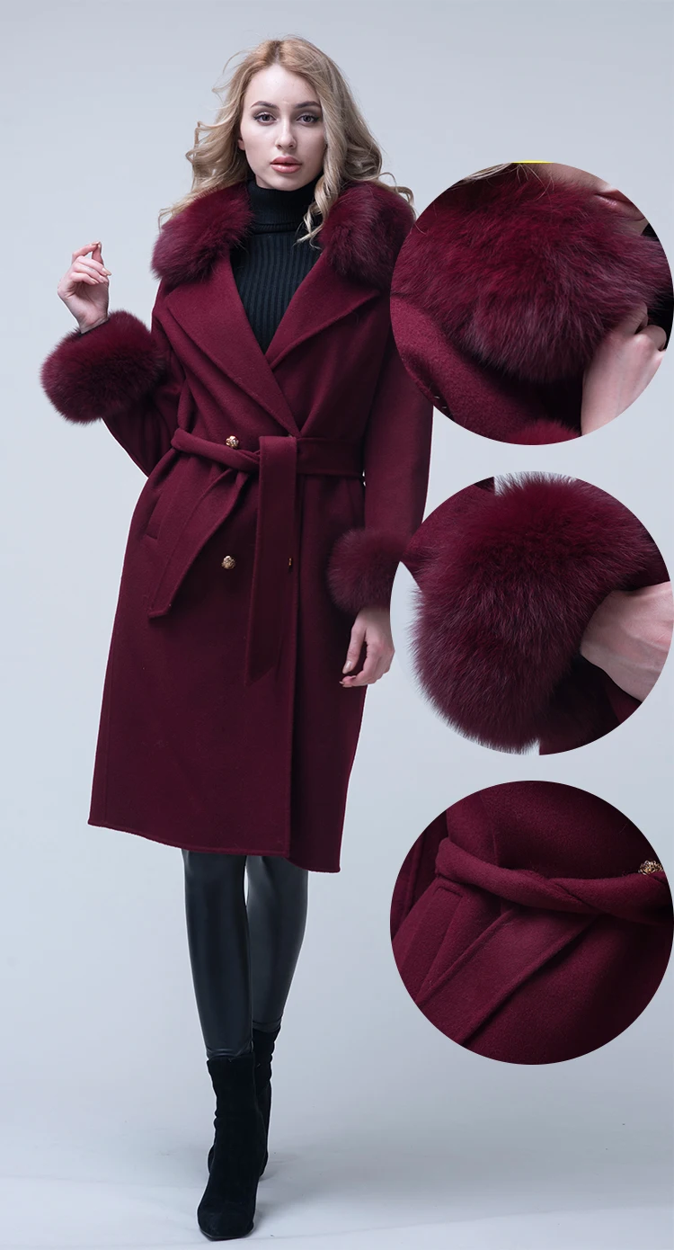 Женское кашемировое пальто с манжетами из натурального Лисьего меха и меховым воротником, Тренч из натурального меха, европейский стиль