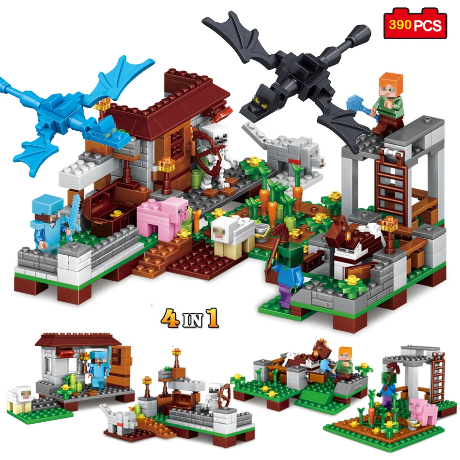 

390pcs 4 in 1 Mini Steve Village Castle Model Building Blocks Figures Compatible Minecraft Legoed City Child Gift Toy For Child