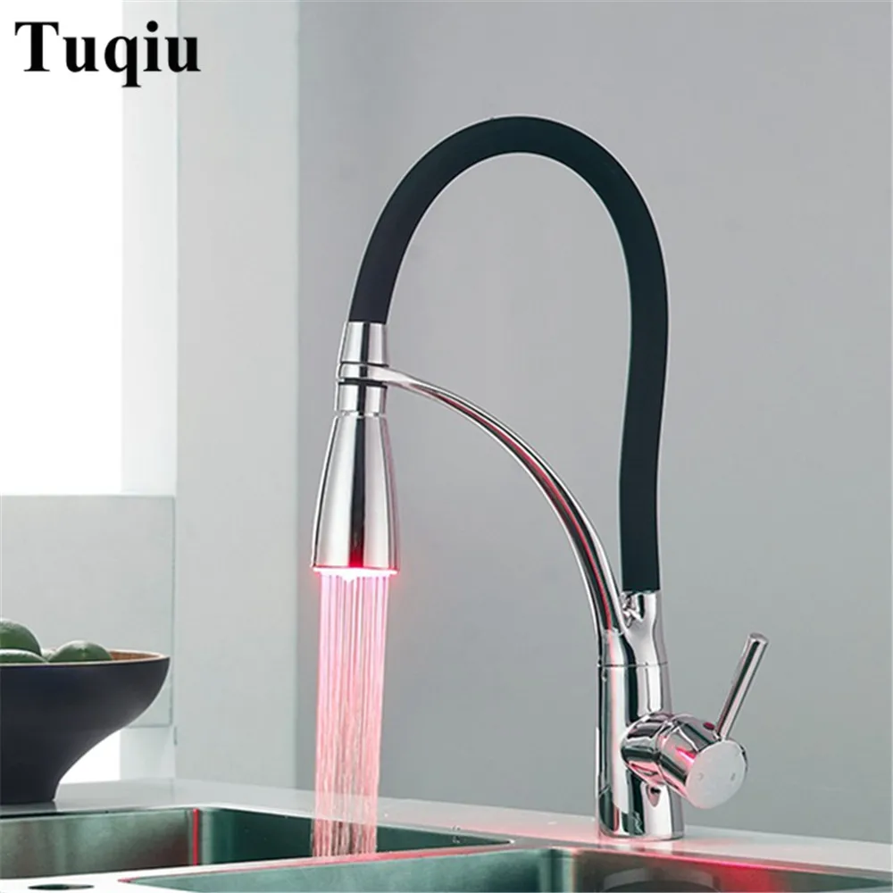 

LED Kitchen Faucets with Rubber Design Chrome Mixer Faucet for Kitchen Single Handle Pull Down Deck Mounted Crane for Sinks