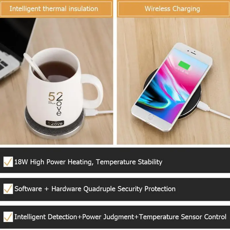 55 градусов Зарядное устройство интеллигентая(ый) Беспроводной чашка с электроподогревом зарядное устройство qi для телефона зарядки интеллигентая(ый) обнаружение и Мощность решения
