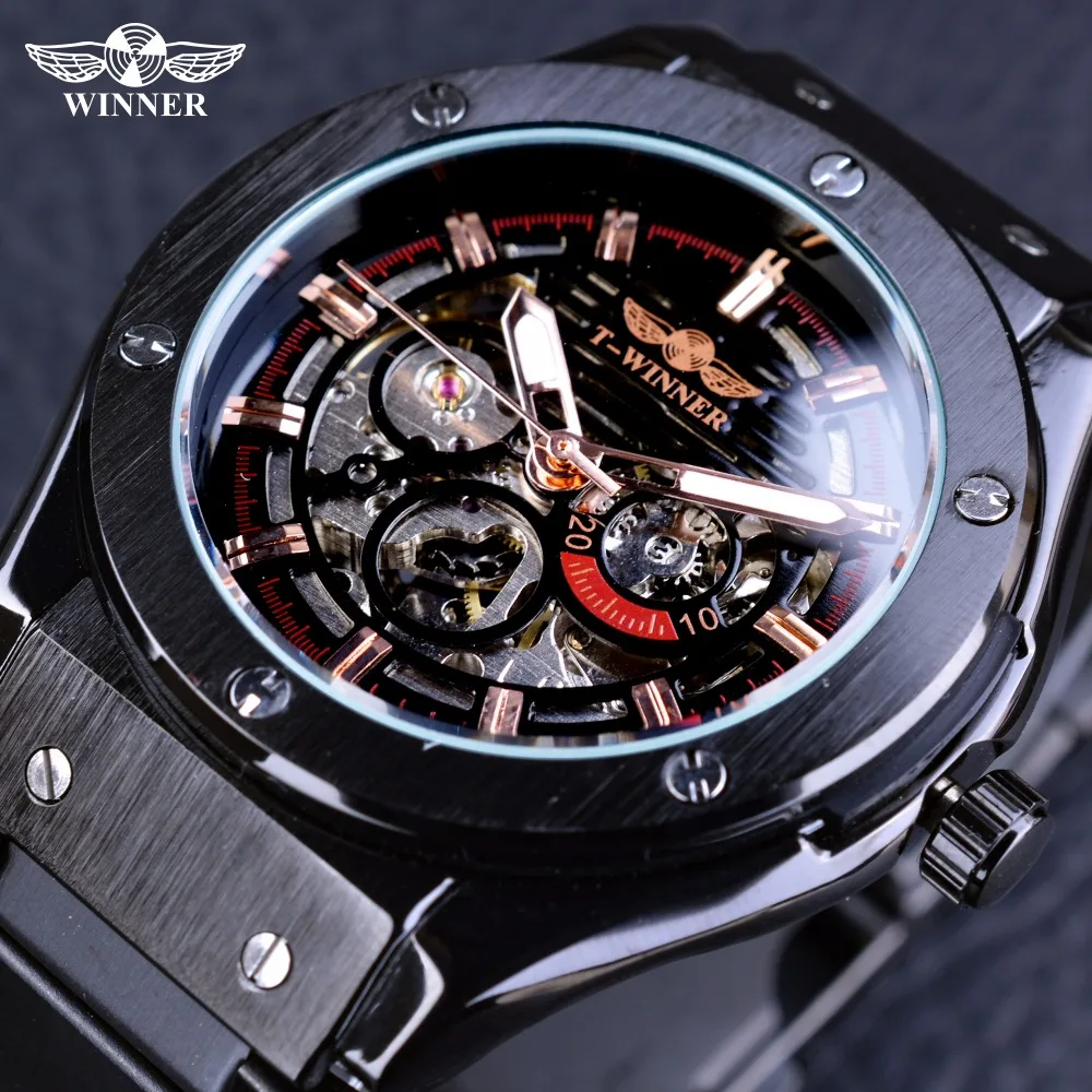 

Winner Steampunk Mysterious Mechanical Black Fashion Racing Sport Fashion Design Men Automatic Skeleton Watches Top Brand Luxury