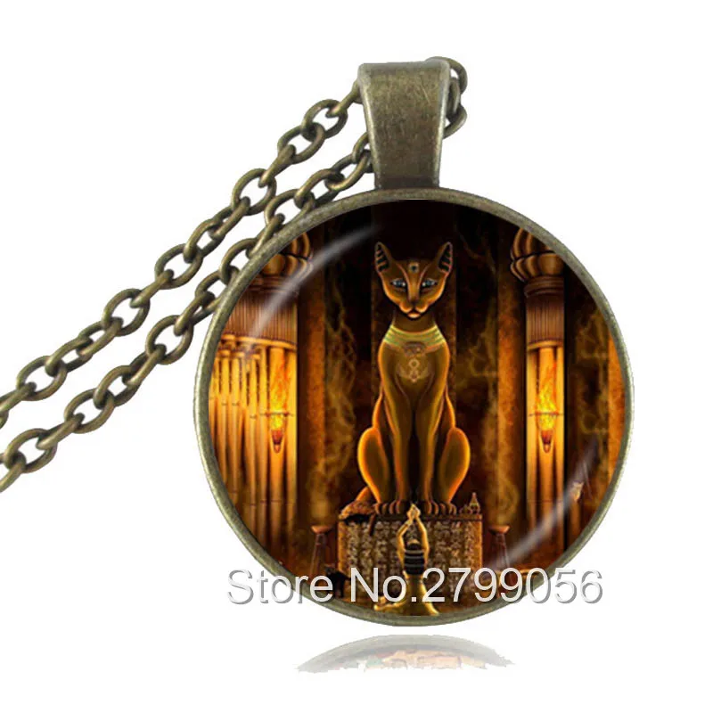 

Ancient Egyptian Cat Goddess Statue Necklace Egypt Lord Pendant Handmade Glass Necklace Women Jewelry Amulet Accessories