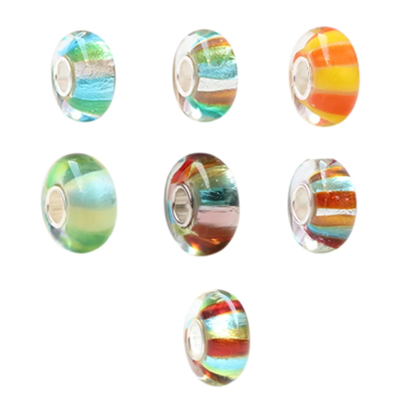 

925 Sterling Silver Foil Large Hole Beads Green Glass Colorful line Stripe Charm Fit European 3.5mm Bracelet Wholssale