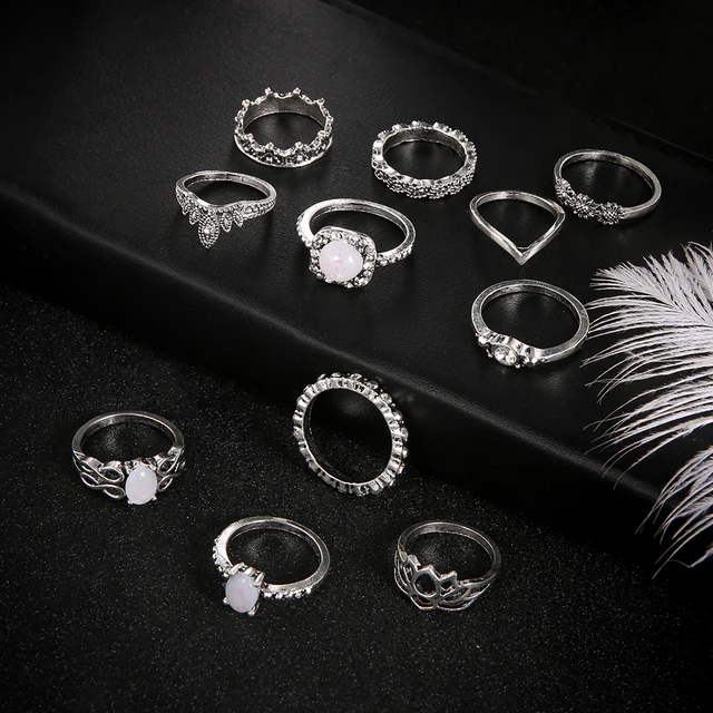 11 PCS/Set Vintage Knuckle Opal Rings for Women Boho Geometric Flower Crystal Ring Set Bohemian Midi Finger Jewelry Bague Femme