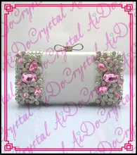 Aidocrystal super quality handmade big pink crystals white clasp ladies s handbag for wedding party