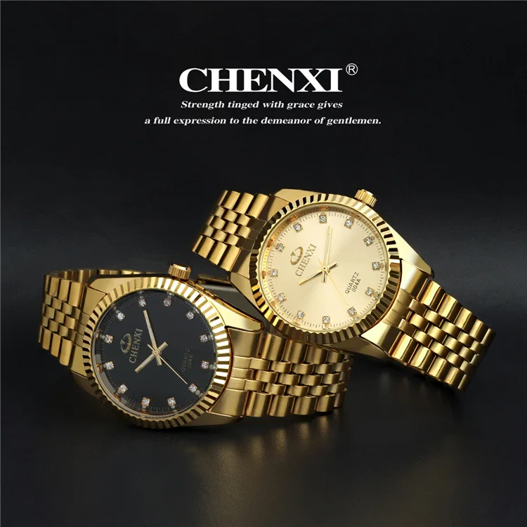 Новые часы золотые модные мужские часы золотые полностью из нержавеющей стали Кварцевые часы наручные часы оптом золотые часы CHENXI мужские