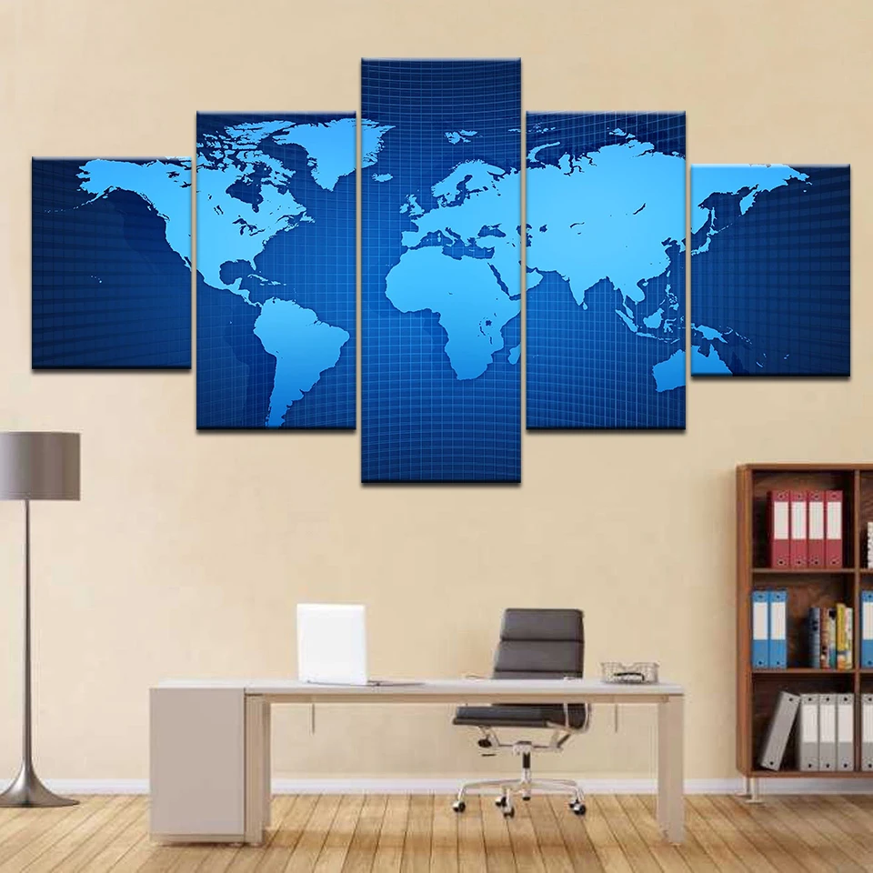 World Map Canvas 5 Piece Abstract Blue Globle World Map Modern Wall