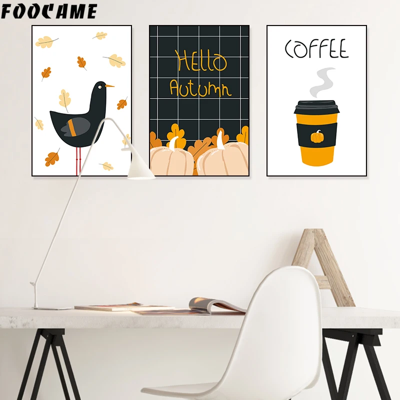 

FOOCAME Cartoon Bird Pumpkin Coffee Posters and Prints Decoration Art Canvas Painting Decorative Wall Pictures For Living Room