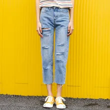 Рваные джинсы прямого кроя женские винтажный с высокой талией джинсы консервативный стиль Harajuku джинсовые брюки