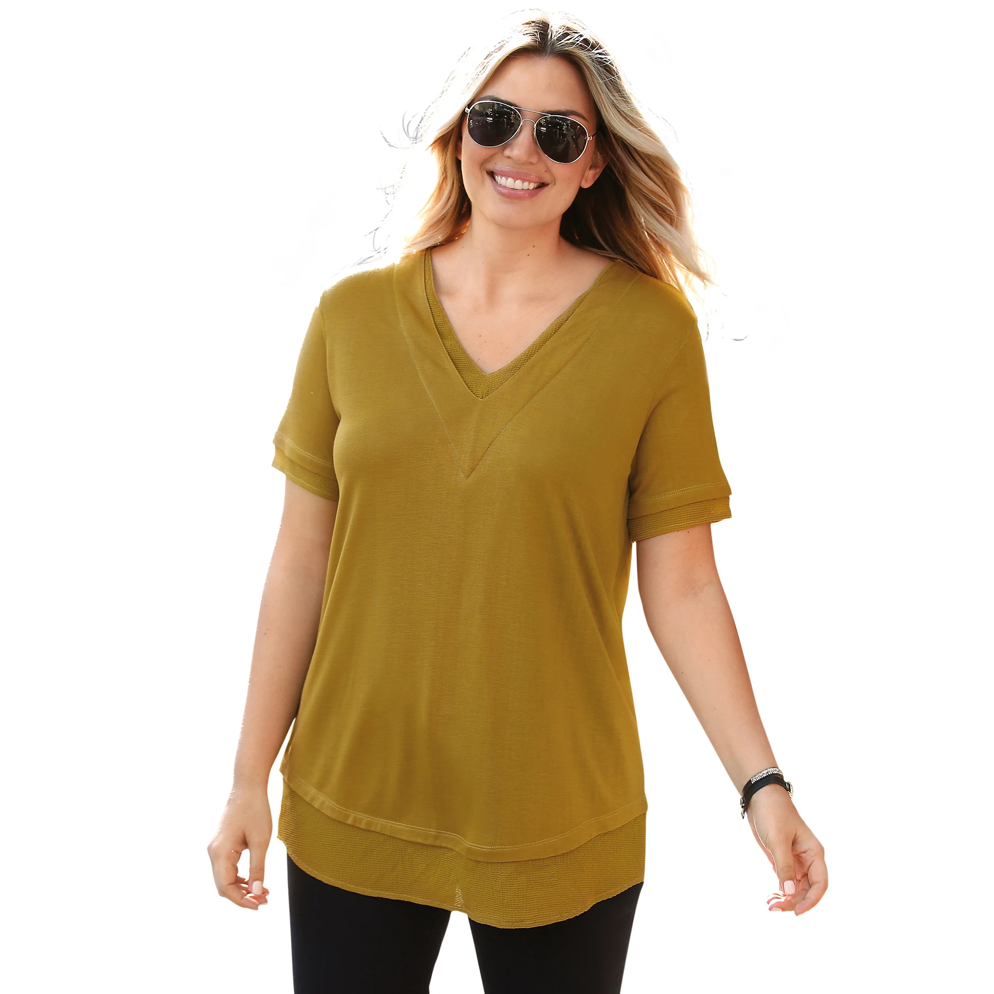 Venca Big Size Double Effect T Shirt Women Short Sleeve V Neck Straight Bottom Color Yellow ginger Spring Summer Tes Tops | Женская