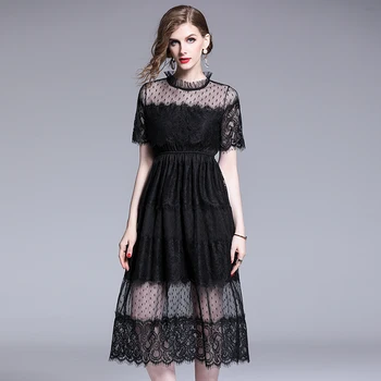 

Dresses Women'S Fashion Sexy Lace High Wasit Black Dress Jacquard Dots Vestidos Short Sleeve Mesh Party Maxi Dress Women 2019
