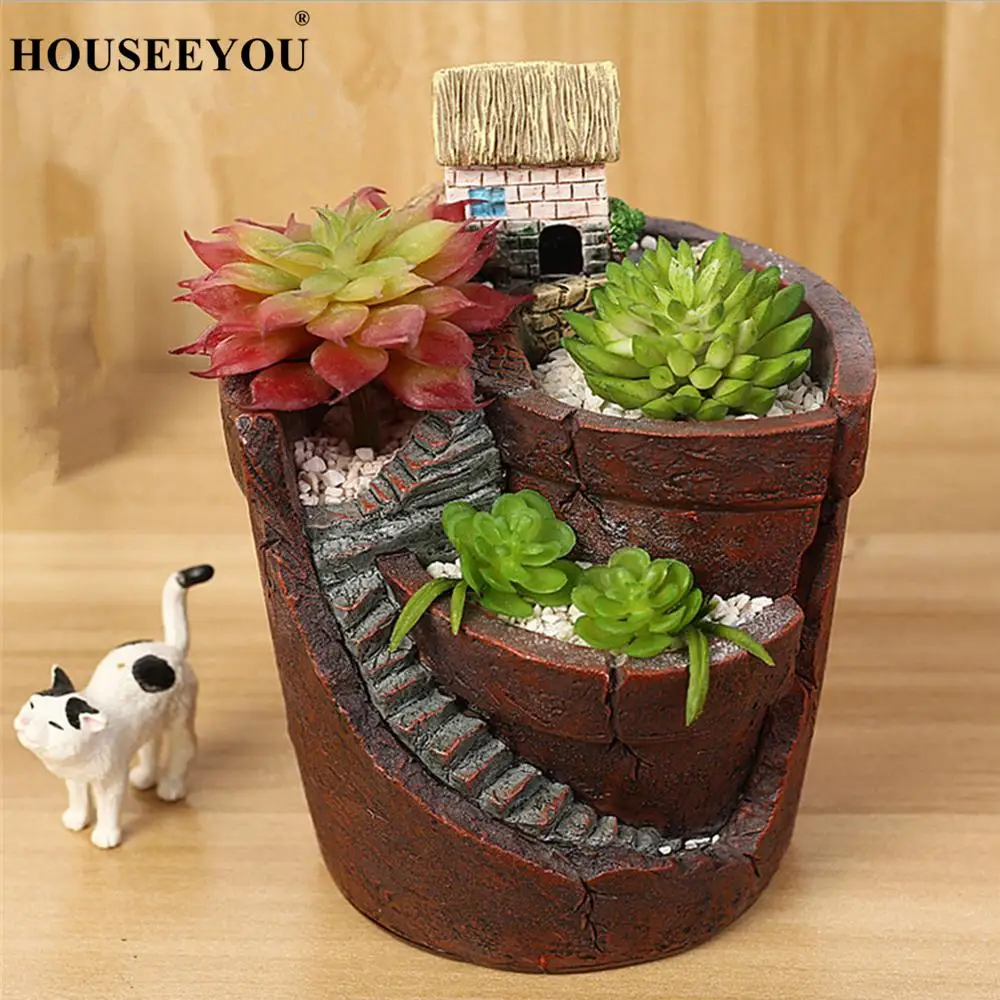 

Cartoon Castle Succulent Vases Figurines Ornaments Stairs Plants Flower Pot Flowerpot Creative Micro Landscape Gift Home Decor
