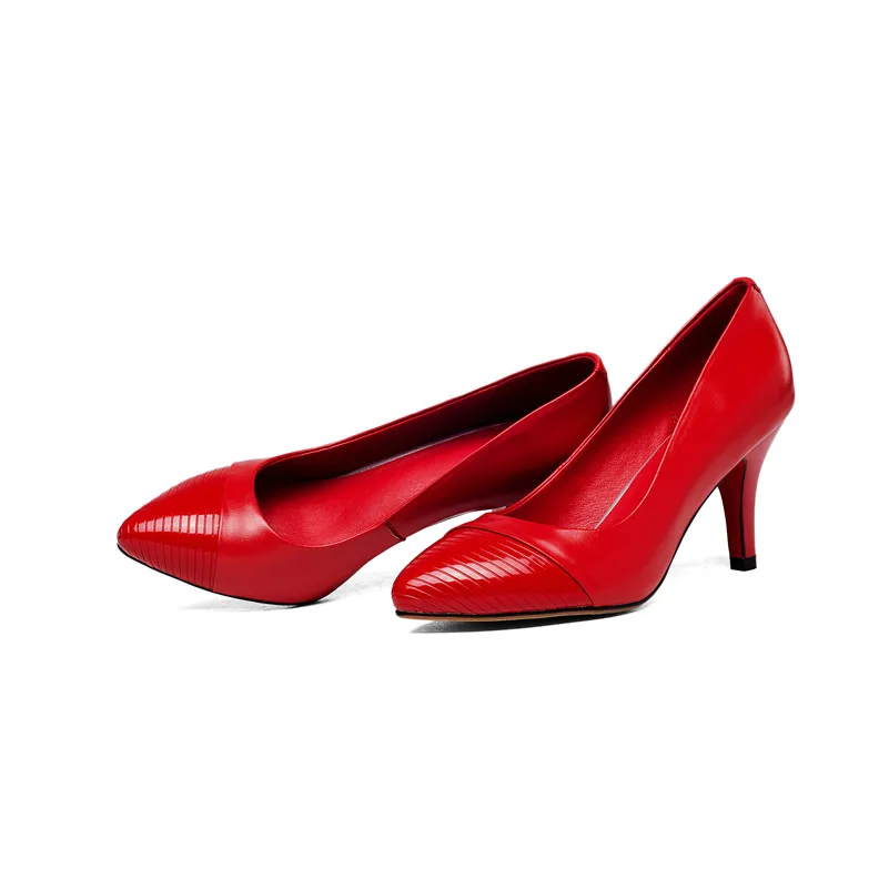 FEDONAS/Новинка; модные классические женские офисные туфли-лодочки из натуральной кожи; сезон весна; офисные свадебные туфли телесного цвета на тонком высоком каблуке; женская обувь; размеры 34-43 - Цвет: Красный