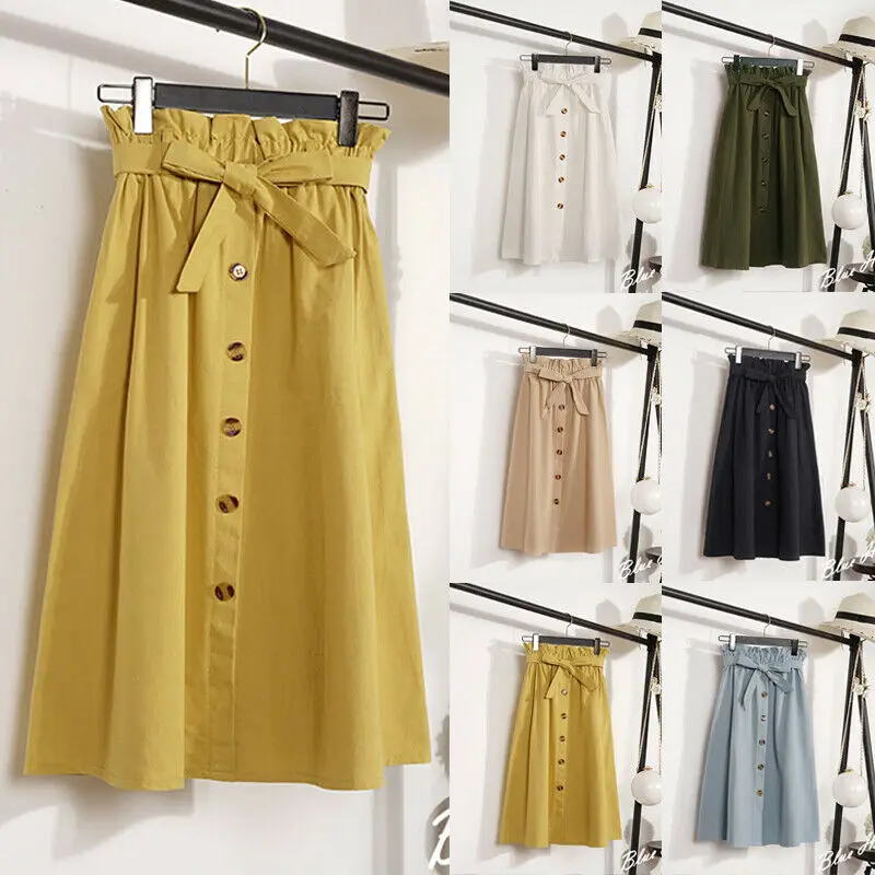 

New Style Women Skirts High Waist Pleated Pocket Button Mid Long Bow Skirt A-Line Button Pure Color Loose Casual Summer Fashion