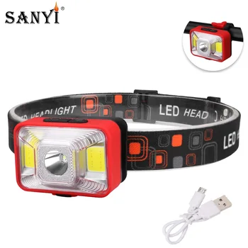 

Sanyi Headlight Headlamp 1*XPE +2*COB Head Lamp 5 Modes USB Charging Bicycle Head Flashlight Torch Lanterna Built-in Battery