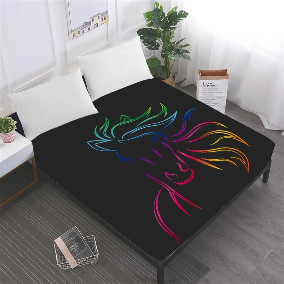 

Simple Black Bed Sheet Colorful Horse Print Fitted Sheet Twin Full Queen King Bedding Deep Pocket Mattress Cover Home Decor