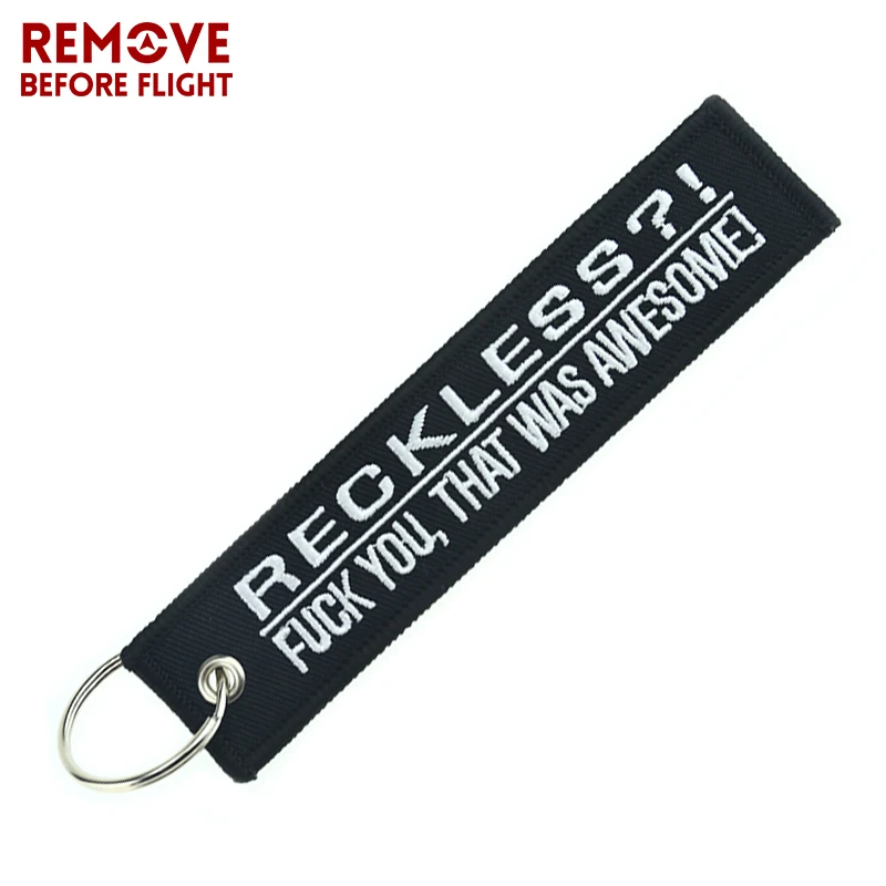

Fashion Awesome Key Tag Keychain Holder for Motorcycles Reckless Motor Key Fobs Black White Letters Embroidery Key Ring Keychain