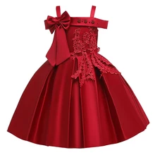 Элегантное платье на одно плечо, детское платье Летнее праздничное платье принцессы для девочек кружевная одежда с большим бантом для маленьких девочек на свадьбу