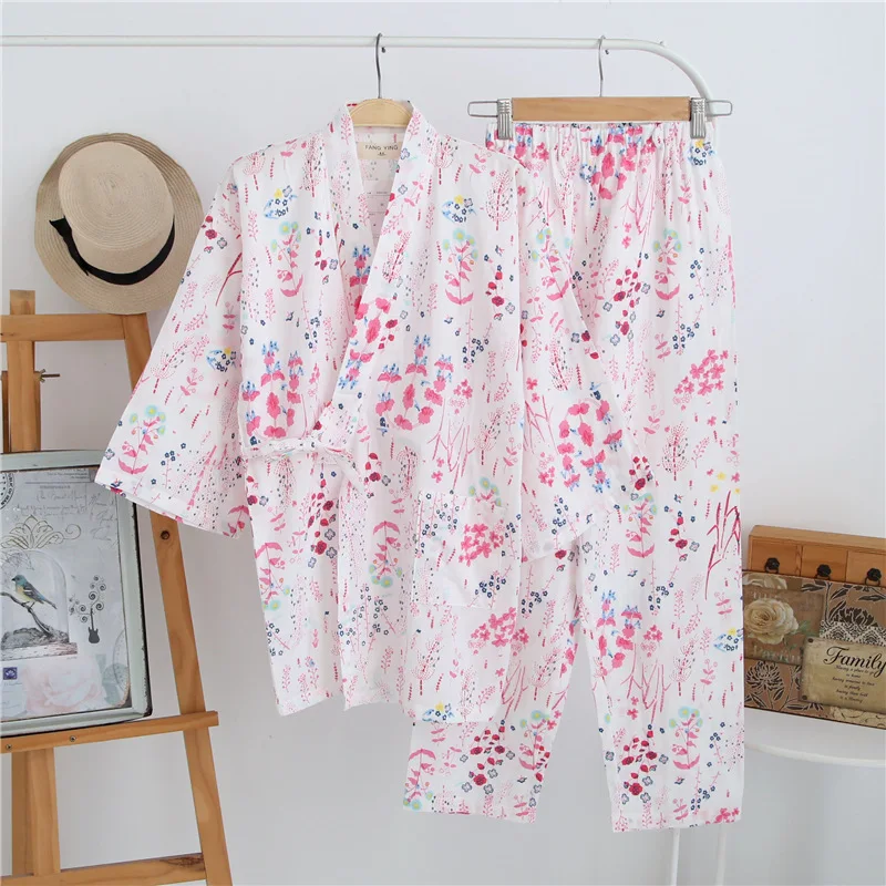 Японское кимоно халат и брюки женские пижамы наборы хлопок марля спа ванна юката Японский магазин Работа Костюм Мягкая Пижама