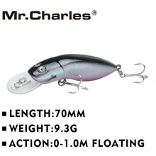 Mr.Charles MR39 1 Pcs fishing lure , 70mm/9.3g quality professional minnow hard bait 0-1.0M Floating 3D Eyes Fishing Tackle
