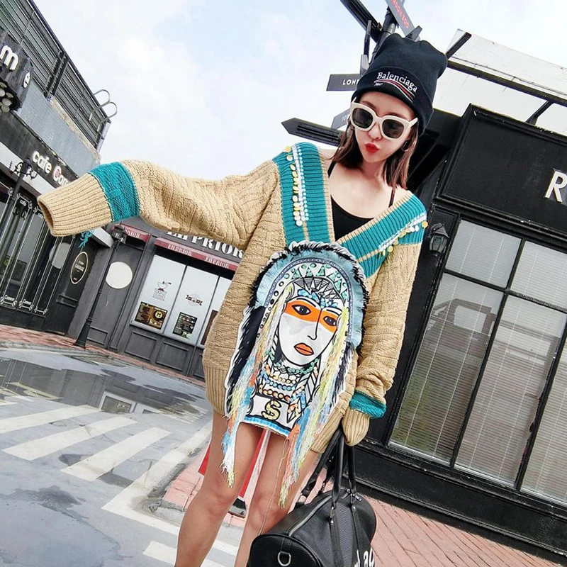 Тайский прилив бренд осенние и зимние бисером кисточкой Indian face v-образным вырезом Свободные Большие размеры Длинные плотные женские свитер женщин