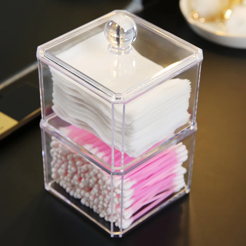 

2 layer Clear Acrylic Boxes Cover Cotton Swab Q-tip Storage Holder Cosmetic Makeup Case Jewelry Cosmetic Organizer Box C55