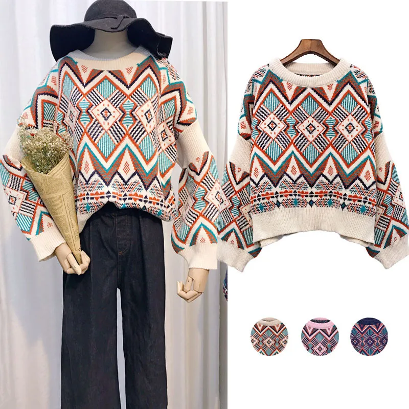 

Vintage Geometric Pattern Ladies Jumpers Christmas Sweater Pullover Tops Knitted Coat Winter Women Thick Brief Oversized Sweater