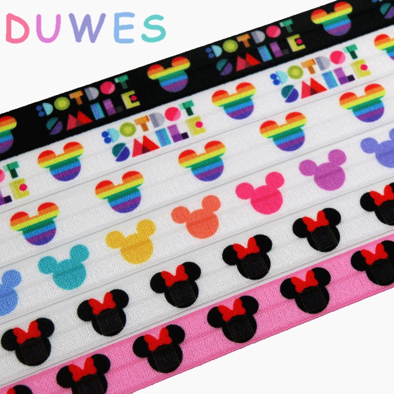 

DUWES 5/8'' 50yards lularoe dotdot smile mickey printed Fold Elastic FOE stretch ribbon hairbow headwear headband DIY D968