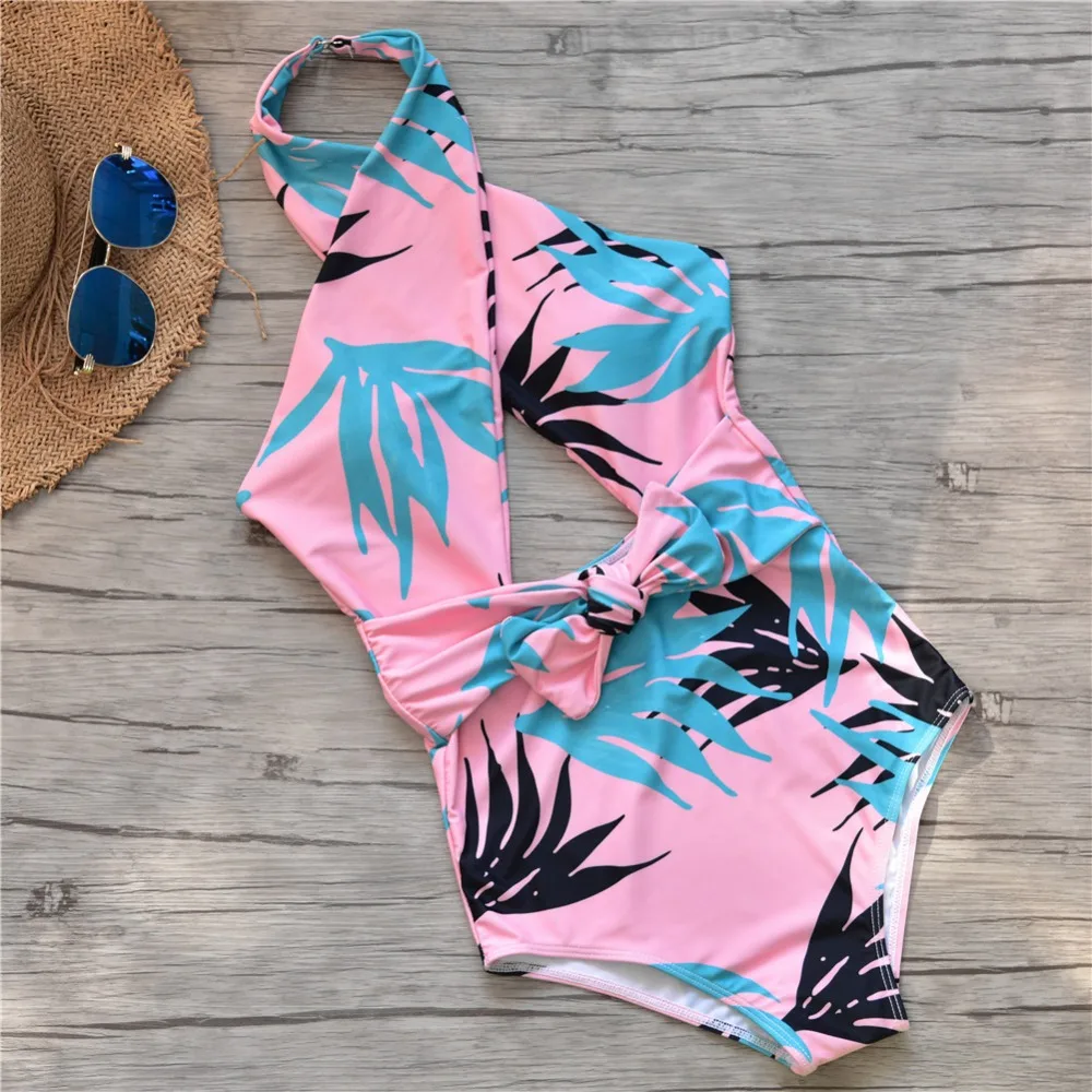 

2019 hanging neck bikini one piece swimwear sexy tight swimming suit hollow swimsuits women's swimming suit halter beach wear