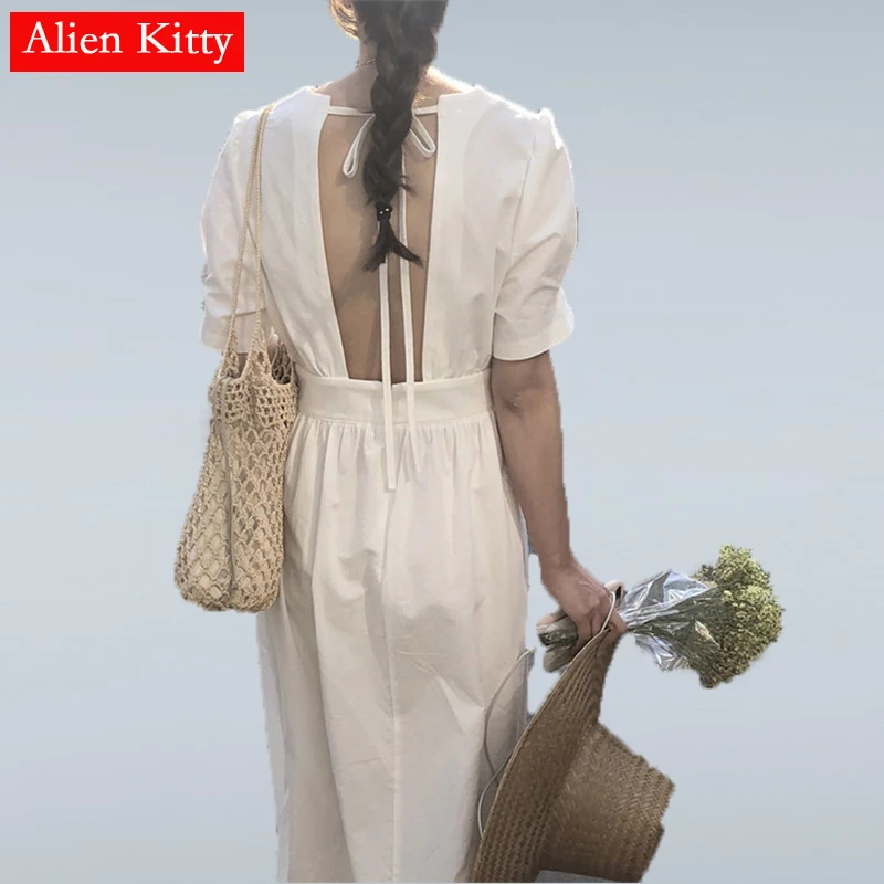 

Alien Kitty New Arrival Beach Style Summer Hot Casual Bare Back Sweet Loose Short Sleeves All-Match Waist-Controlled White Dress