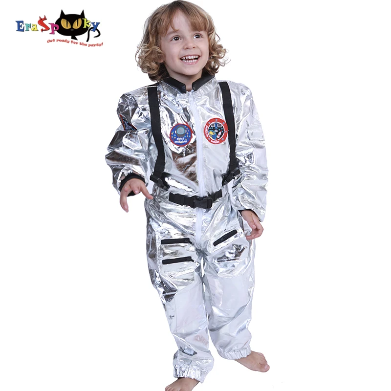 Eraspooky Boys Spaceman One-piece Jumpsuit Silver Astronaut Cosplay Children Pilot Uniform Halloween Costume Kids Party Outfit