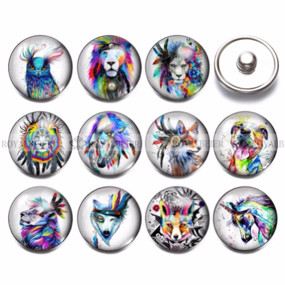 RoyalBeier 12pcs/lot Cute Pig Snap Button China Panda Glass Charms 18mm Snap Button For Snap Bracelet Necklace DIY Jewelry