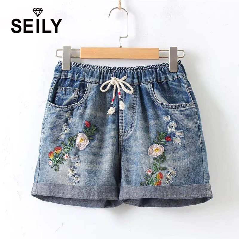 

Plus Size Embroidery Flower Denim Shorts Women Casual Elastic High Waist Loose Pocket Jeans Cotton Shorts With Belt Short Femme