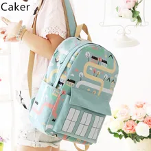 Caker 2017 Топ Мода Рюкзак Для женщин элегантный дизайн холст Сумки на плечо леди розовый зеленый мультфильм печати путешествия школы рюкзак