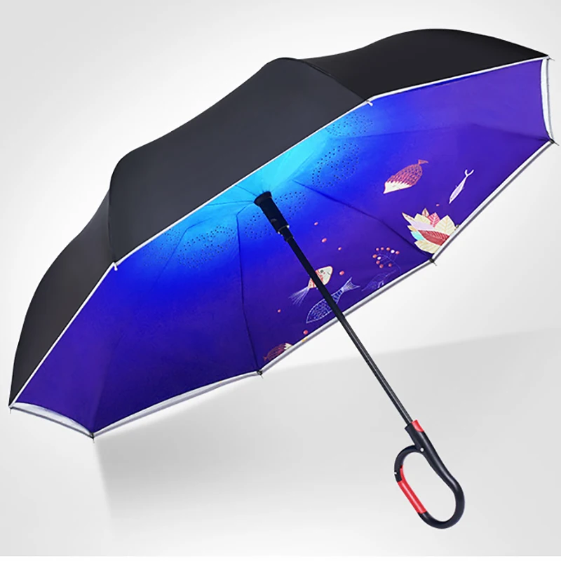 

Car reverse umbrella Alloy and polyester fibers Sunny and Rainy inverted umbrella All in 1 Long-handle Umbrella Black Coating