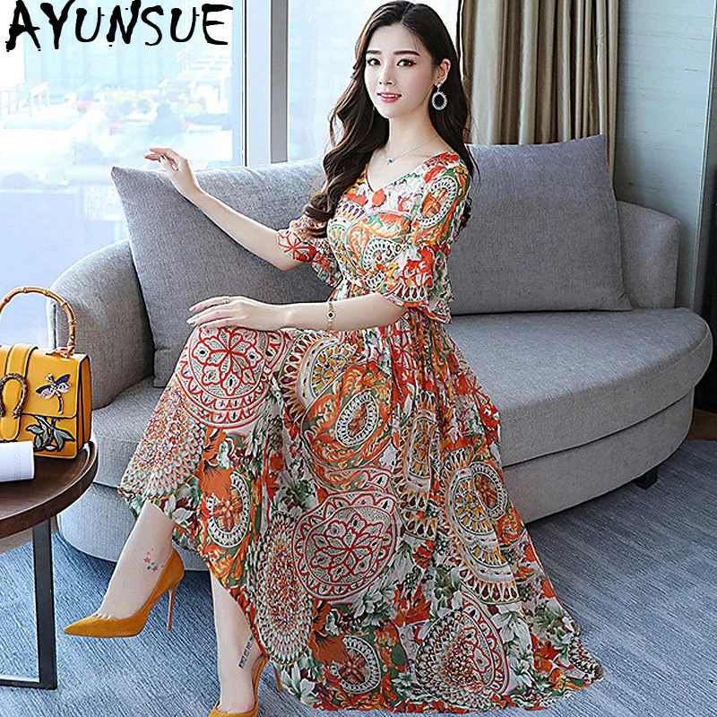 

AYUNSUE 2019 New Summer Floral Chiffon Dress for Women Beach Bohemian Dress Elegant Long Dresses Korean Vestido Longo KJ1882
