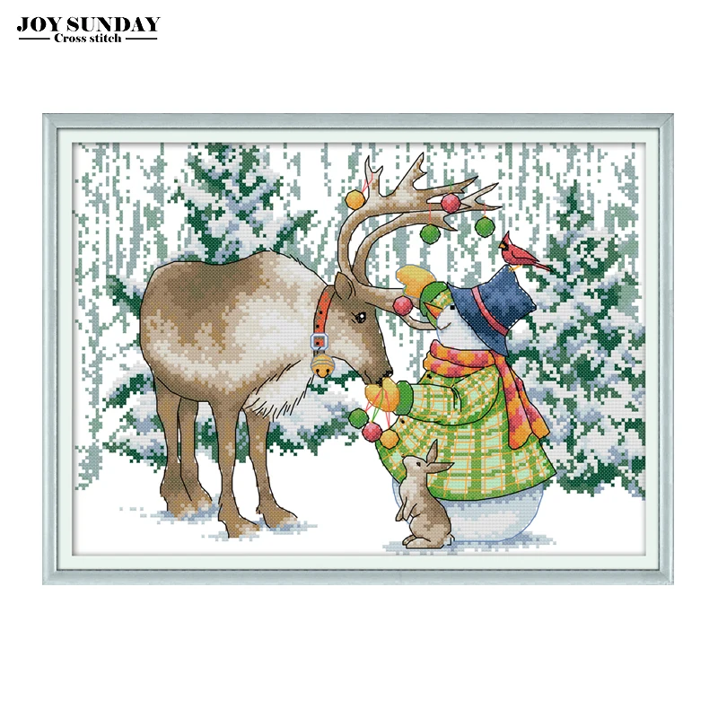 

Joy Sunday Elk and Snowman Cross Stitch Animal Patterns Aida Fabric 14ct 11ct DMC Printed Canvas for Embroidery DIY Needlework