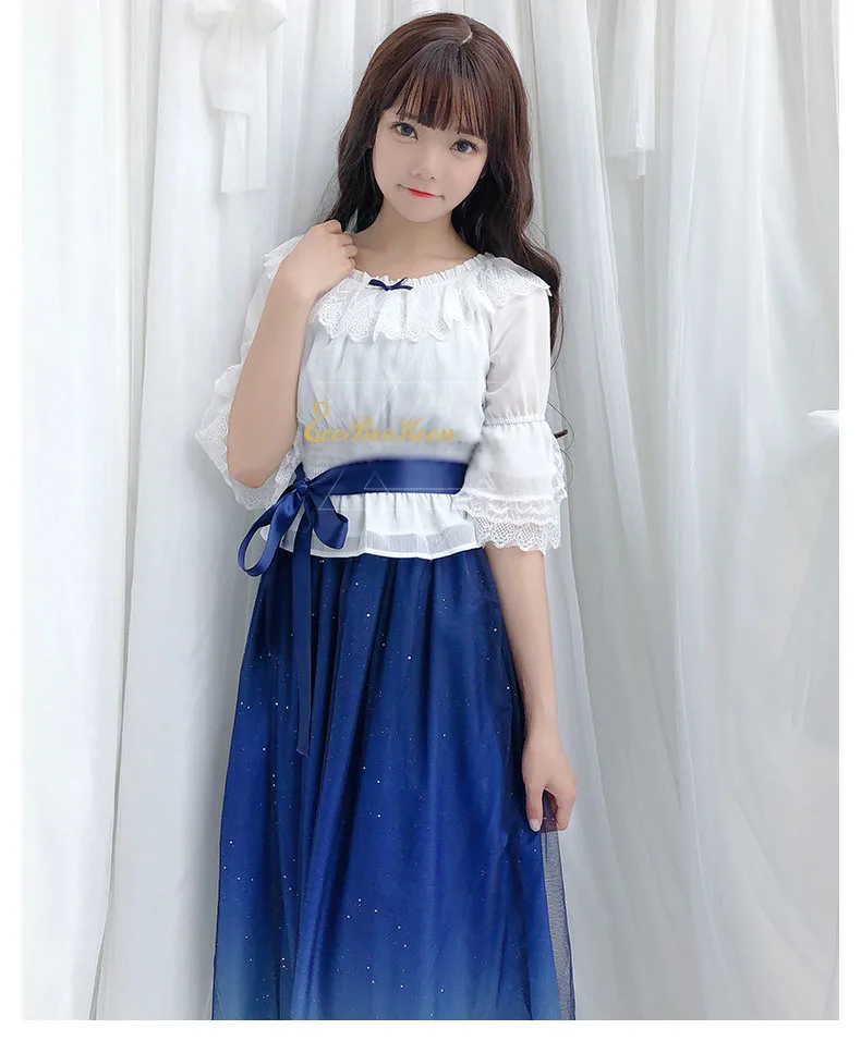 Женское шифоновое платье Hanfu голубое кружевное с градиентом звездного неба для