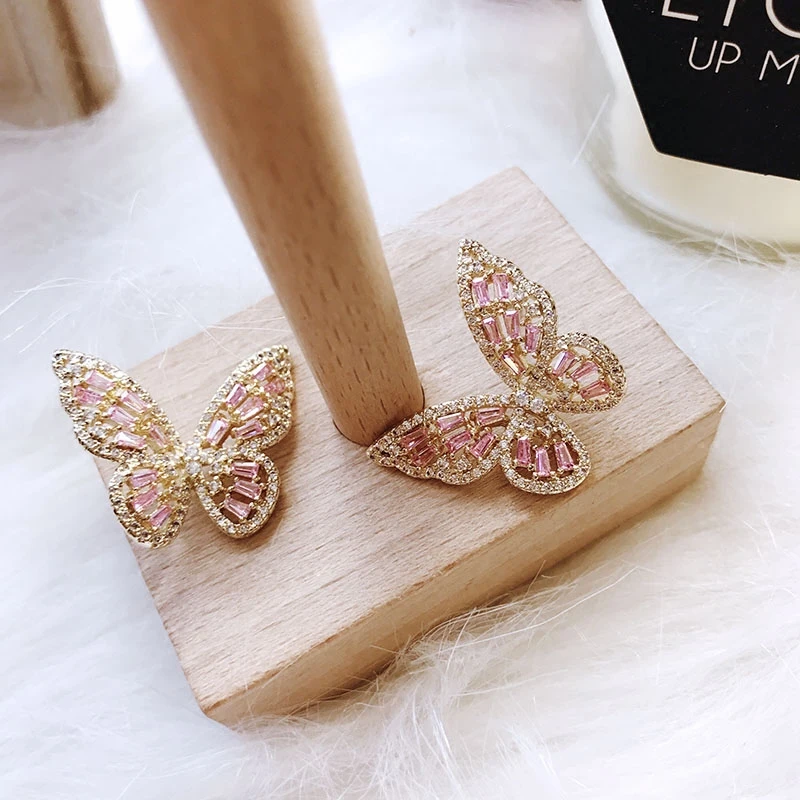 Модные элегантные серьги-гвоздики с милыми розовыми бабочками для женщин, женские ювелирные украшения, высокое качество, кубический цирконий