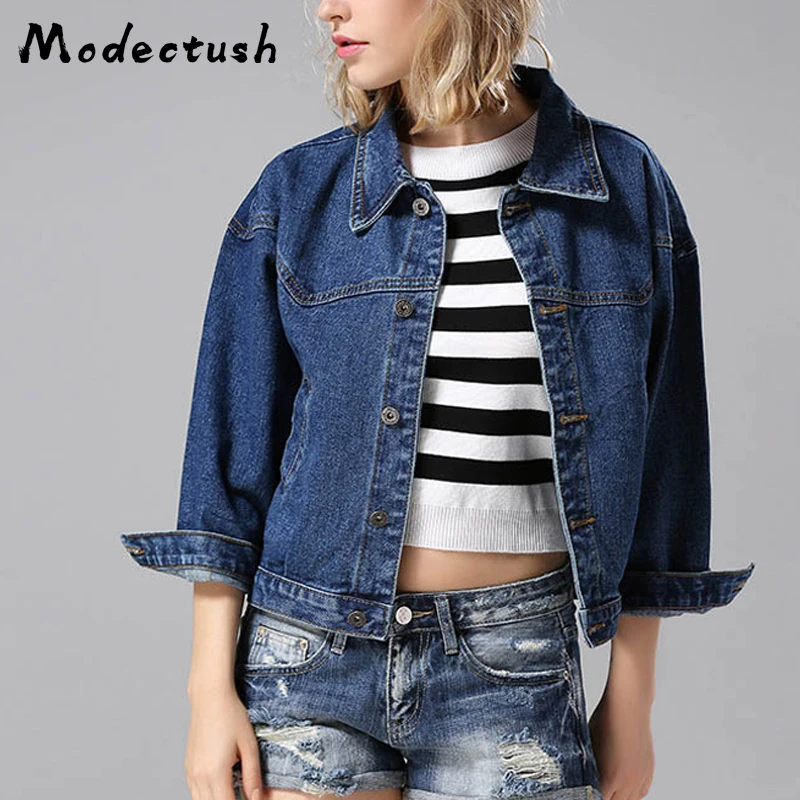 

Modecrush Women Embroidery Short Denim Jacket 2019 Casual Ladies Vintage Turn-down Solid Jean Jacket Female Boyfriend Outwear
