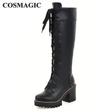 COSMAGIC/Новинка года, зимние женские сапоги до колена, модные рыцарские сапоги на шнуровке, высокие теплые сапоги с круглым носком на высоком каблуке