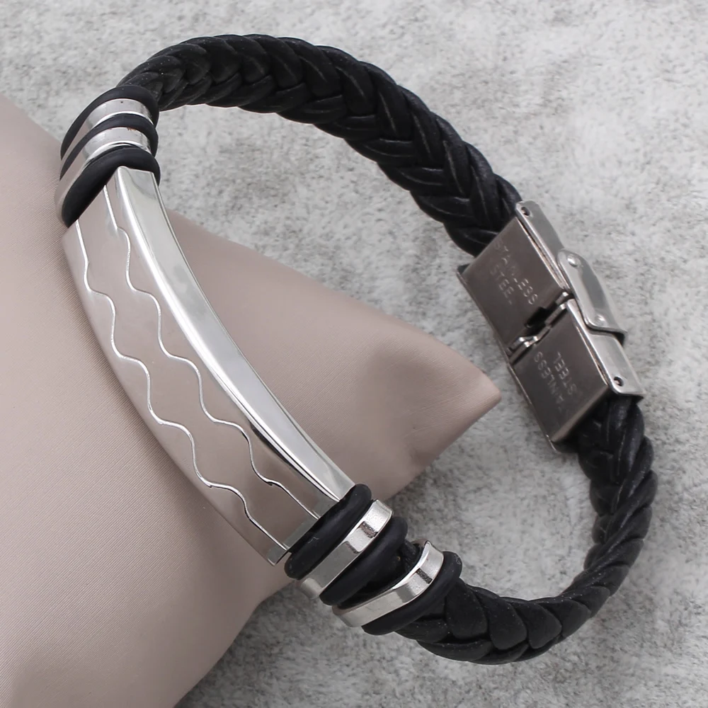 

New Fashion Punk Women & Men Bracelet Black Briade PU Leather Bangle Bracelet With Stainless Steel Clasp Carved ID Bangles Gift