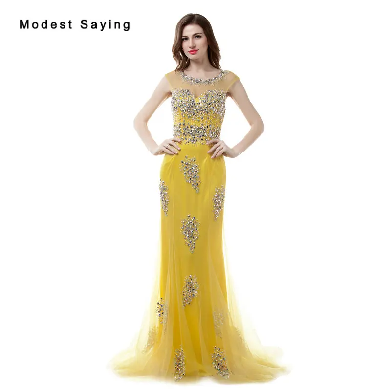 Sexy Sheer Yellow Mermaid Beaded Evening Dresses 2017 with Rhinestone Formal Women Long Party Prom Gowns vestidos de festa longo | Свадьбы и