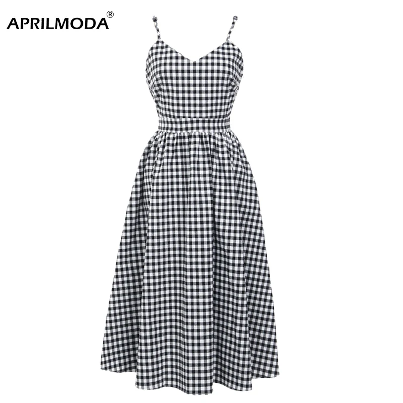 

2019 New Spaghetti Strap Summer Dress Women V Neck Black White Striped Slip Sundress High Waist Bow Backless A Line Midi Dresses