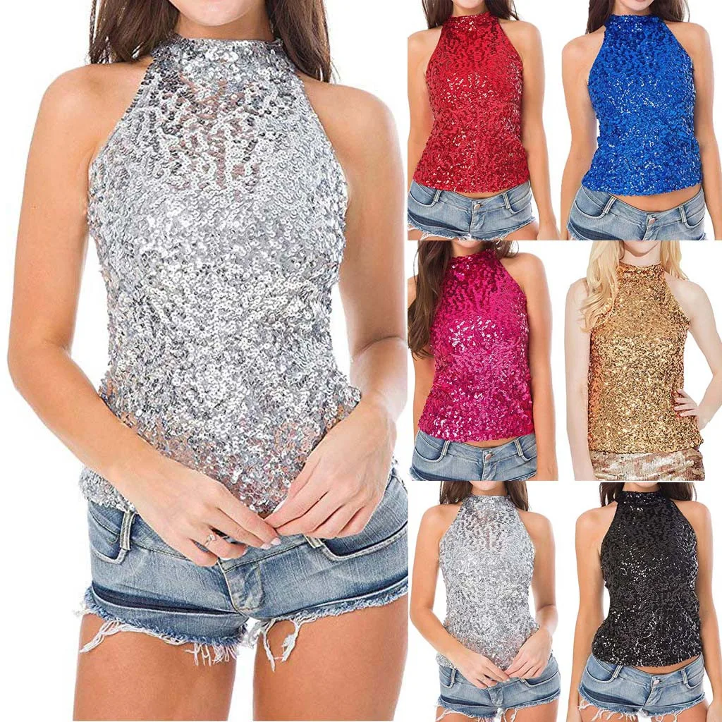 Summer Silver Sexy Tank Top Women Streetwear Sequin Bandage Tank Top Womens Clothing High Street Party Tops For Women