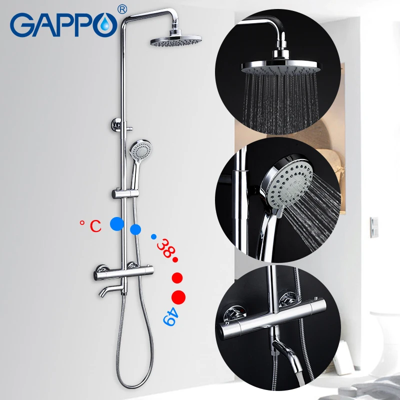 US $93.98 Gappo bath BRASS Thermostatic showersystem lift adjustable hot cold water big round head shower High pressure flushing
